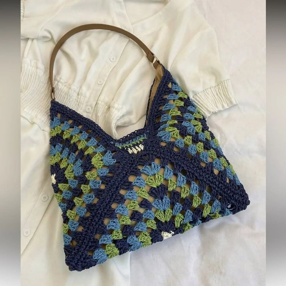 Elegant Blue and Green Crochet Hobo Bag